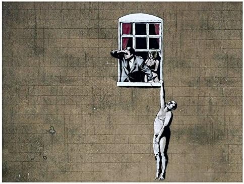Alonline Art - איש עירום התלוי מחלון מאת בנקסי | תמונה ממוסגרת אלומיניום שחור מודפסת על בד כותנה,